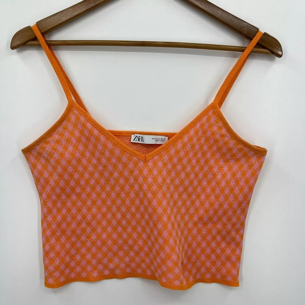 Zara Women Orange Pink Gingham Knit V-Neck Camisole Tank Top Size M